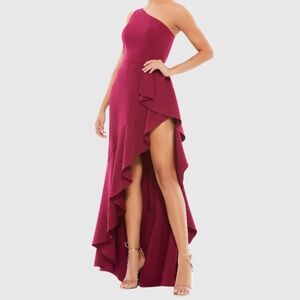 Size 4 Ieena Mac Duggal 49089 One-Shoulder High Slit Ruffle Gown in Berry